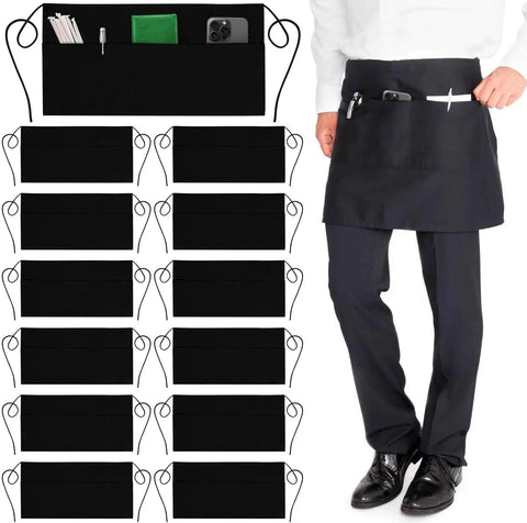 Black Pro Waist Apron With 3 Pockets For Servers And Waitstaff, Water Resistant Durable Polyester Half Apron, 12 Pack