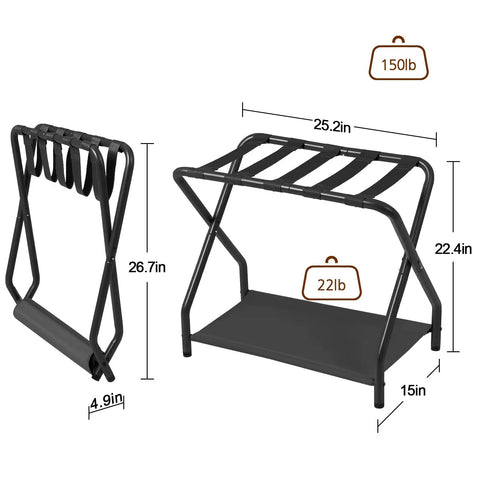 Heavy Duty Foldable Luggage Rack Set Of Two Built Tough Metal Suitcase Stands For Travelers Non Slip Nylon Straps dimensions 25.2x22.4x26.7in