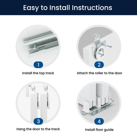Easy installation steps for Top Shelf White Sliding Closet Door Kit For 128 By 80 Inch Openings with clear visuals.