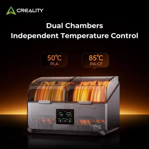 X4 Filament Dryer Box for 3D Printers with dual chambers, displaying filament rolls, temperature control 50°C and 85°C for fast drying.