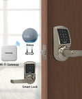 Keyless Entry Door Lock With Touchscreen Keypad And Auto Lock For Home And Airbnb Rentals; SCYAN X2 Handle Lock In Satin Nickel Finish; TTLock App Access For Guests And Contractors; Smart lock installed on wooden door with Wi-Fi connectivity and Alexa integration.