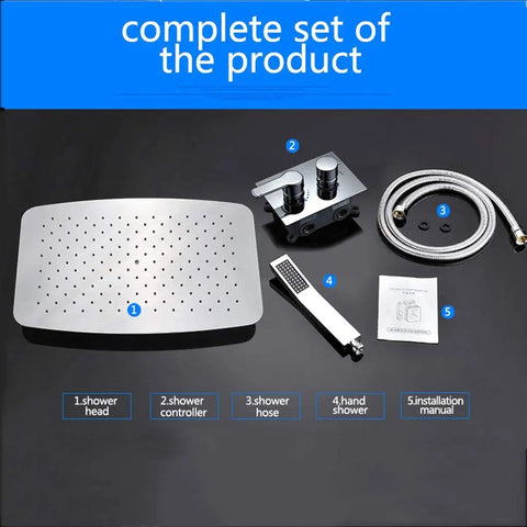 Sick 22 Inch Ceiling Mounted Rain Shower System Featuring a Large Rainfall Head and Removable Handheld Sprayer with Single Handle Hot and Cold Mixer Valve for Bathroom complete set display.
