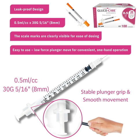 Front view of GLUCO-CARE 0.5 ml syringe, 30G x 5/16 in (8 mm) with box of 100 syringes and clear scale marks.