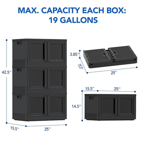 Heavy Duty 228 Quint Stackable Storage Bins With Lids, black folding crates showing dimensions and 19-gallon capacity.