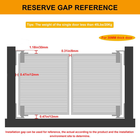 Schematic diagram of double-swing saloon door hinges with gap measurements for a 30mm thick door.