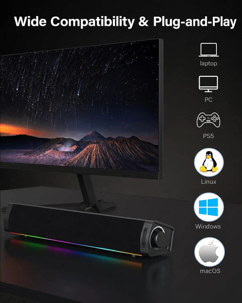 Immersive RGB Gaming Desktop Speakers With 3 Customizable Sound Modes, USB Powered Monitor Speakers next to a monitor