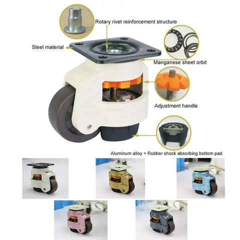 Smooth Rollin Heavy Duty Retractable Leveling Caster Wheels Top Shelf Swivel Furniture Casters showcasing steel material and adjustment handle.