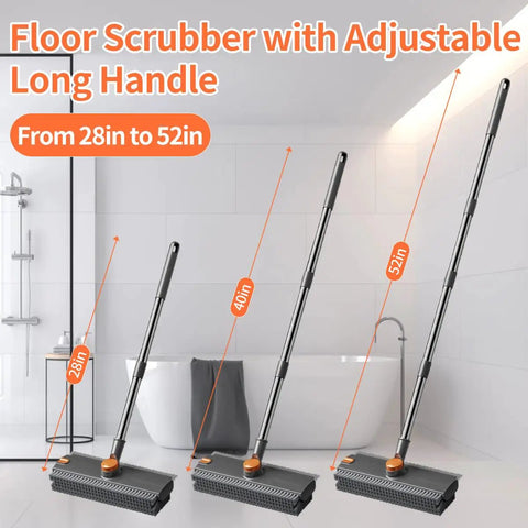 3 In 1 Floor Scrub Brush With Squeegee And Tweezers Long Handle Heavy Duty Stiff Bristle Broom in bathroom adjustable length