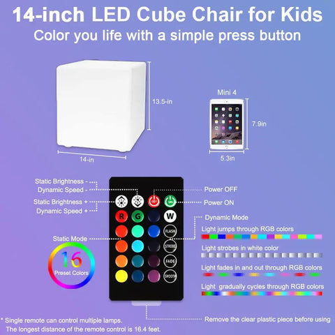 Lit RGB Color Changing LED Cube Seat 14-Inch LED Cube Chair With Remote displayed with remote and color options in graphics