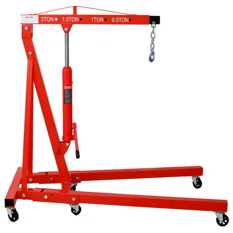 Rock Solid Heavy Duty Two Ton Folding Engine Hoist Chart Stand Built Like A Tank With Smooth Roll Wheels For Any Home Garage Or Professional Shop Reliable Lift - Red steel frame, hydraulic lift with chain.