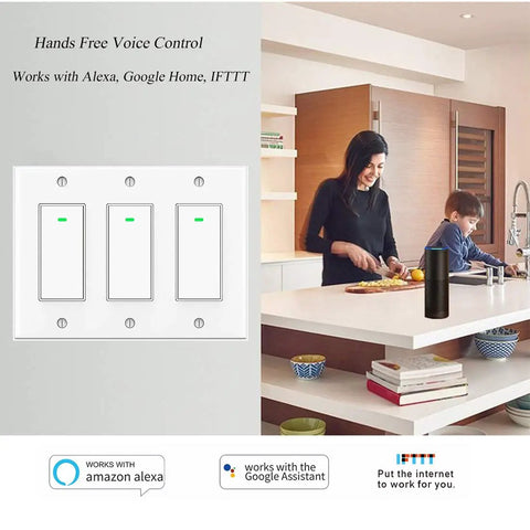 Smart 3 Gang WiFi Light Switch With 2.4GHz WiFi, No Hub Needed, Voice Control For Alexa And Google Home, White Push Button