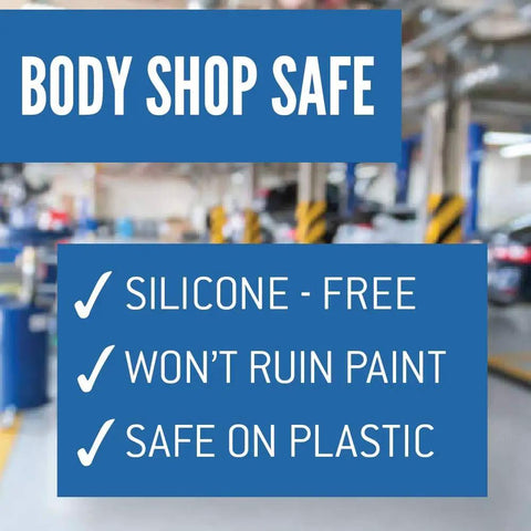 Body shop background with text highlighting features of Heavy Duty Deep Penetrating Rust Eater Oil 11 Oz Aerosol.