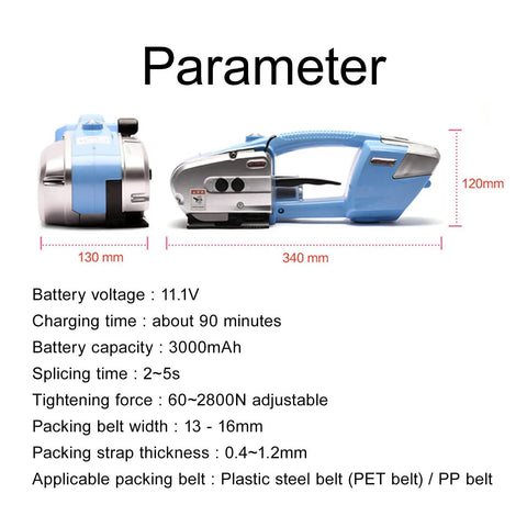 Electric Strapping Machine With 3000mAh Battery No Tools Needed Auto Tightening Portable, dimensions and parameters shown