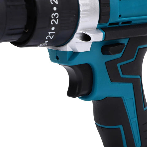 Close-up of 21V Cordless Drill Driver featuring a badass high torque motor and sleek quick change chuck.
