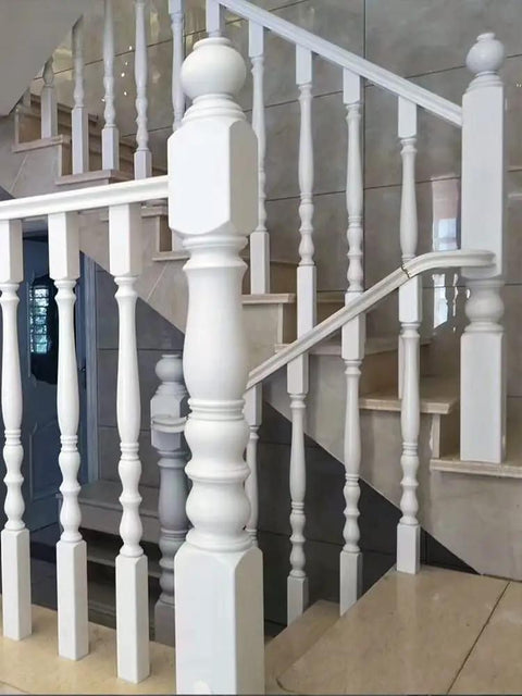 White Wooden Balusters Top Tier Quality, showcasing solid poplar posts, ideal for stylish staircase renovations.