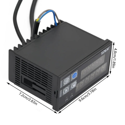 Slick Digital Roller Length Counter Loaded With Dual Relay Outputs And Dead Simple Setup, black casing showing digital display and dimensions.