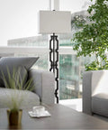 Tall Black Floor Lamp With White Rectangular Shade, 59.5 Inch Height, in modern living room, by window, next to gray couch