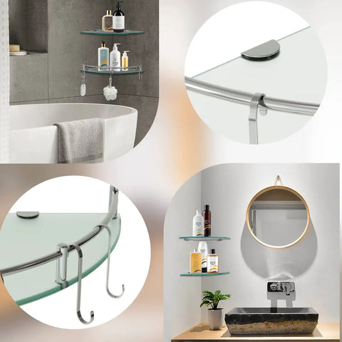 Glass Shower Shelves Three Tier Corner Organizer With Hangers in stainless steel and glass, installed in bathroom and kitchen.