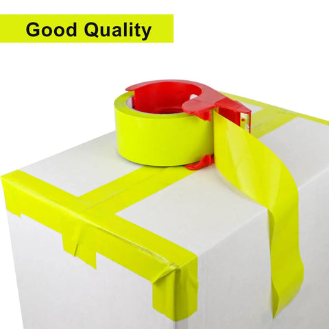 Heavy Duty Light Yellow Packing Tape Refills, 2.5 Mil Thick, sealing a box with tape dispenser