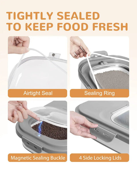 Dog Food Storage Container With Collapsible Body Attachable Casters And Scoop Plus Travel Silicone Bowl Keeps Dry Food Fresh With Airtight Double Seals Easy To Move Holds About 23 Lbs Of Dry Food with airtight seal, sealing ring, magnetic buckle, and locking lids