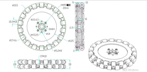 Technical drawing of 8-inch omni robot wheel set with 203mm hubs for precision steering and positioning in small robot drives.