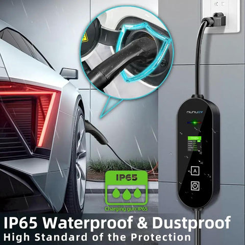 IP65 waterproof Level 1 and Level 2 EV charger in use, connected to car in rain, with storage bag, LCD display, J1772 compatibility.