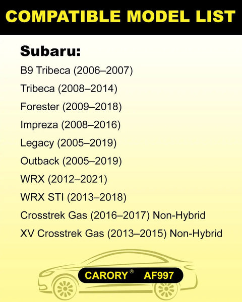 Compatible model list for Subaru Engine Air Filter Replacement for 2005-2019 models including Outback, Forester, Crosstrek, Legacy, Impreza.