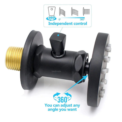 Close-up of black 2 Inch Brass Shower Body Spray Jet with Independent On Off Switch, 360 Degree Rotation and brass connection
