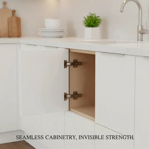 Open cabinet door showing adjustable concealed cross hinge for cabinet doors with zinc alloy invisible hardware and chrome finish
