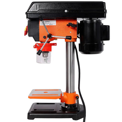 Aynuma 8 Inch Benchtop Drill Press With 400 Watt Induction Motor And Five Speed Settings, orange and black finish, side view.