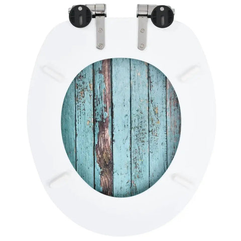 Built Tough Smooth Soft Close Toilet Seat Set Featuring Rustic MDF Wood Finish And Rock Solid Zinc Hinges For Quick No Sweat Bathroom Refresh Upgrade, top view with blue wooden pattern.
