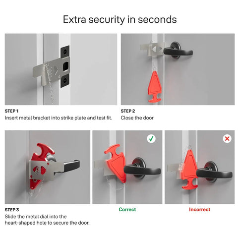 Portable Door Lock Travel Security For Hotels Dorms Instant Setup No Tools Needed Includes 2 Pack shown in installation steps.