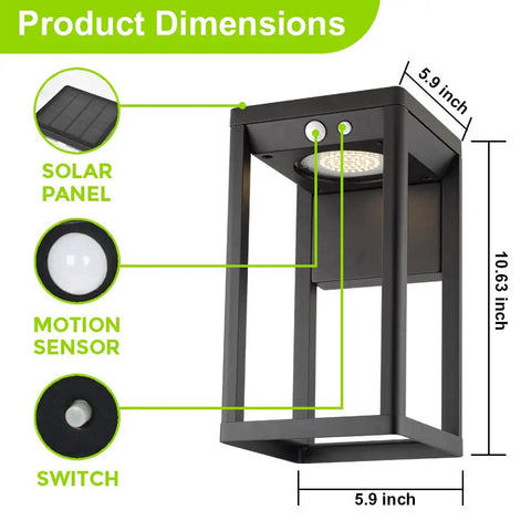 Dimensions and features of Solar Powered Motion Sensor Outdoor Wall Lights 2 Pack Dusk To Dawn 3 Modes 600 Lumens IP44.