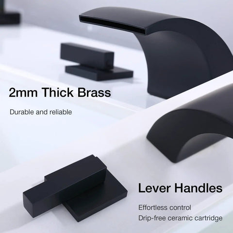 Low Arc 8 Inch Widespread Matte Black Bathroom Faucet With 3 Hole Brass Wide Spout Waterfall Style showing square lever handles
