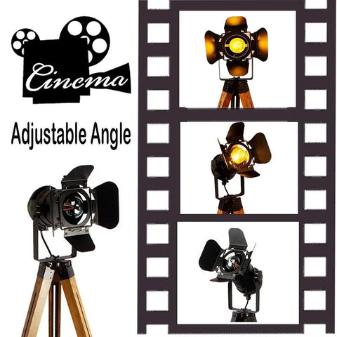 Vintage Farmhouse Tripod Table Lamp With Adjustable Cinema Spotlight Head, Wooden Leg Stand And Black Industrial Finish