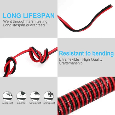 Red And Black 14/2 Gauge 2 Conductor DC Wire For LED Strips, coiled and straight sections, flexible, flame retardant features.