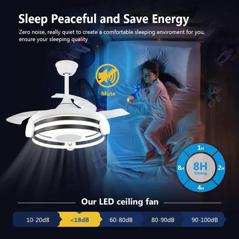35 Inch Retractable Ceiling Fan With Remote And Lights 30W LED Bladeless Modern Ceiling Fan for Bedroom with Quiet Motor