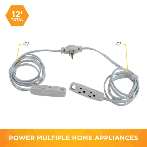 Flat Plug Sofa Power Cord With Six Outlets Total, Two Six Foot Cords, 16 Gauge Grounded Three Prong Plug, White Cable