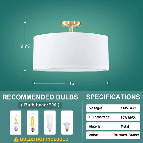 Off White Fabric Drum Shade Ceiling Light With PS Diffuser Semi Flush Mount Gold Finish Perfect For Bar Vibe Lighting Dining Room Hallway And Living Room Great For Modern Kitchens And Lounges 15 Inch shown with specifications and recommended bulbs