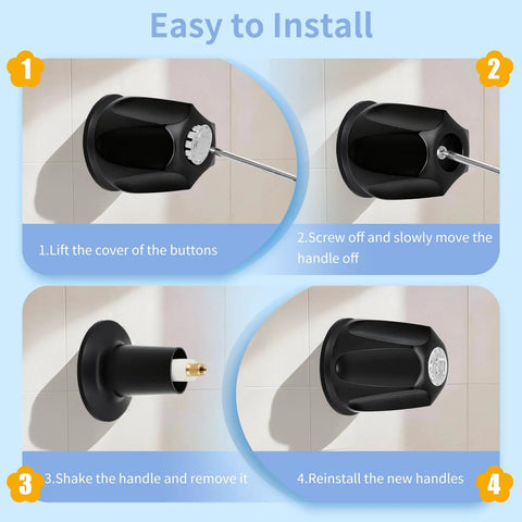 Installation guide for Matte Black 3 Knob Shower Tub Faucet Set with Diverter Spout, showing steps 1 to 4 on tiled wall.
