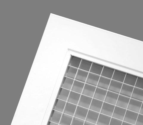 Corner detail of 36 by 36 Inch Cube Core Eggcrate Return Air Grille Aluminum Rust Proof White Finish for HVAC Duct Openings and Vent Covers