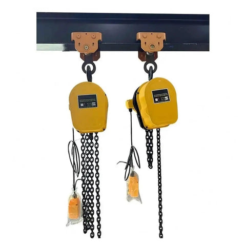 Portable Electric Chain Hoist For No Sweat Heavy Lifting And Construction Projects Featuring Sturdy Bearings with dual yellow hoists.