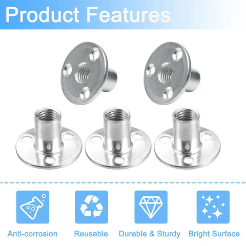 5Pcs M12 Brad Hole Tee Nuts Zinc Plated Carbon Steel 3 Hole Round Base Screw In T Nuts For Wood Furniture Flange Insert Female Thread Hardware Rust Resistant And Rugged For Outdoor And Indoor Wood Projects DIY Friendly shown front view.