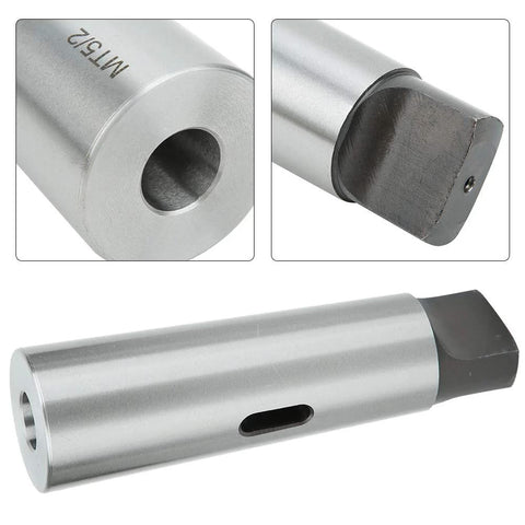 Taper reducing drill sleeve MT5 to MT2 in silver metal finish; bore end and full-length view with side slot