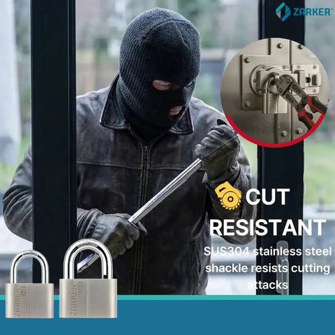 Keyed Alike Padlocks 4 Pack Workhorse Heavy Duty Stainless Steel Shackle Lock Waterproof and Rustproof Outdoor Grade for Warehouses Garage and Storage Tough as Nails with Same Key Opens All Four Locks. Image shows a burglar using a crowbar next to a lock symbol highlighted as cut resistant.