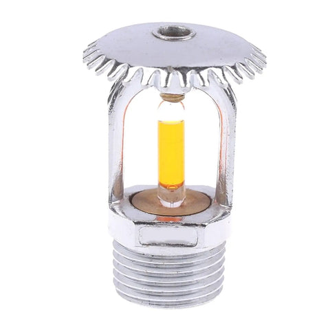 Upright Copper Fire Sprinkler Head with chrome steel build and yellow glass bulb for 135F activation, solid half inch threads.
