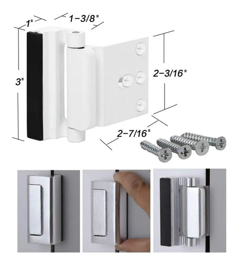 Heavy Duty Door Reinforcement Locks 2 Pack Rock Solid Night Security Backup Withstands 800 Pounds Kick Resistant White Home Defense Setup Easy Screw Install hinge dimensions and screws shown