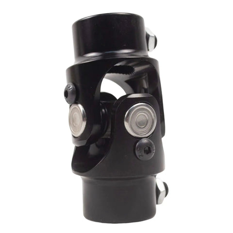 Close-up of a 3/4-36 Spline To 3/4 Inch DD Black Steering Universal Joint Shaft, showing heavy duty U joint and durable metal construction.