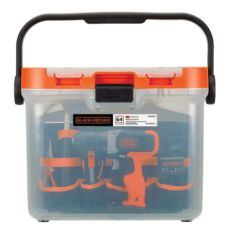 20V Max Cordless Drill With 64-Piece Home Toolkit in translucent portable toolbox, super handy for quick DIY projects and repairs
