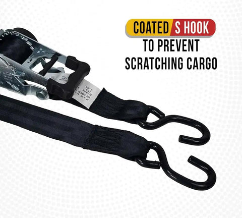 Close-up of coated S hooks on 2 Inch By 10 Foot Auto Retract Ratchet Straps With Coated S Hooks Tiedowns For Motorcycles ATVs Bikes And Trailers No Fuss Quick Release Reel Back Keeps Straps Tight And Secure On Pickup Trailers